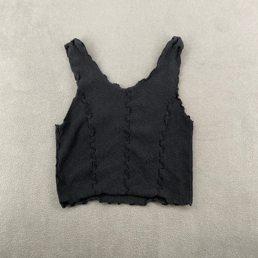 New In Black Ribbed Knit Crop Tank Top Lettuce Edge Seam Detail Large